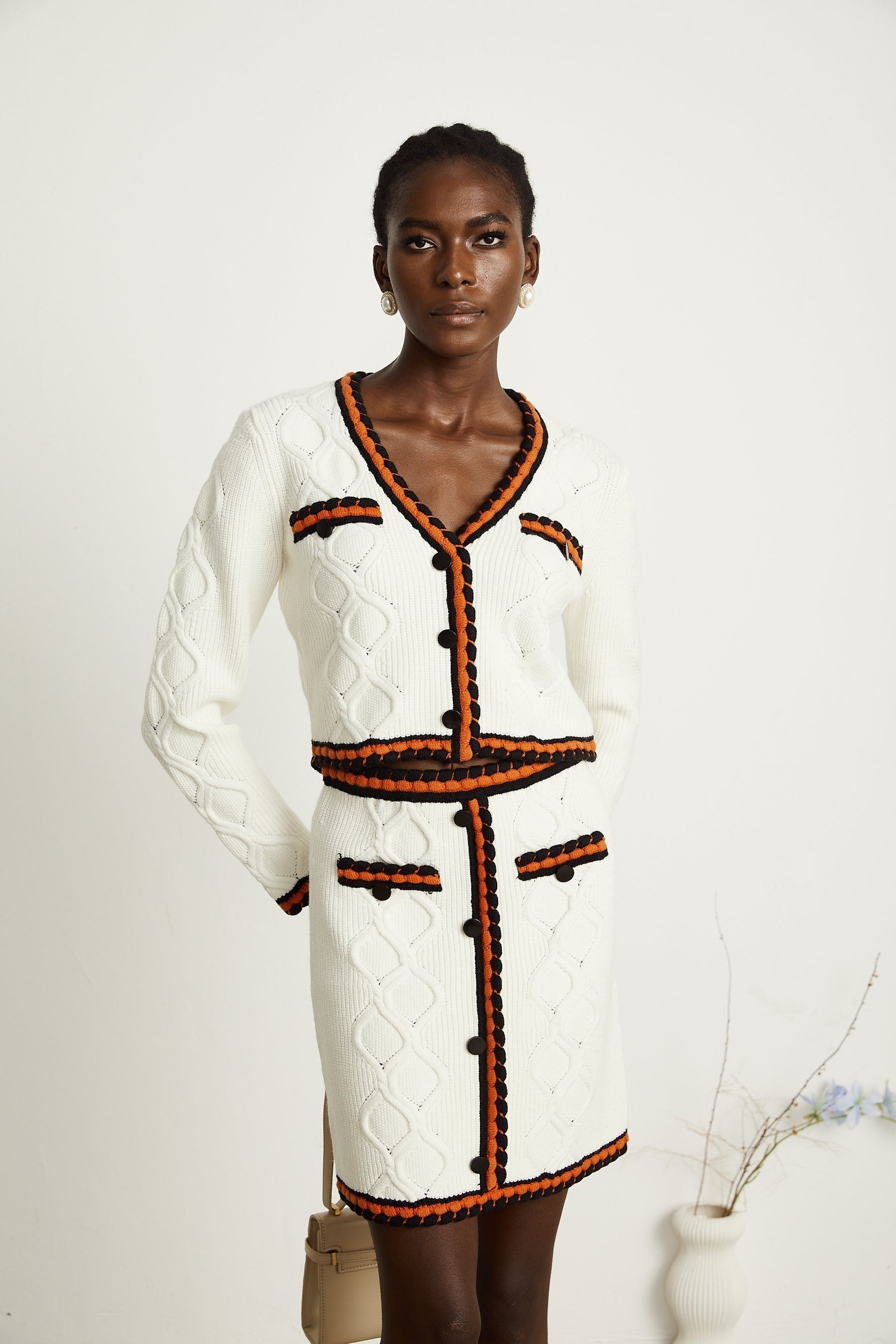 Cécilie contrasttrim knitted cardigan  skirt matching set