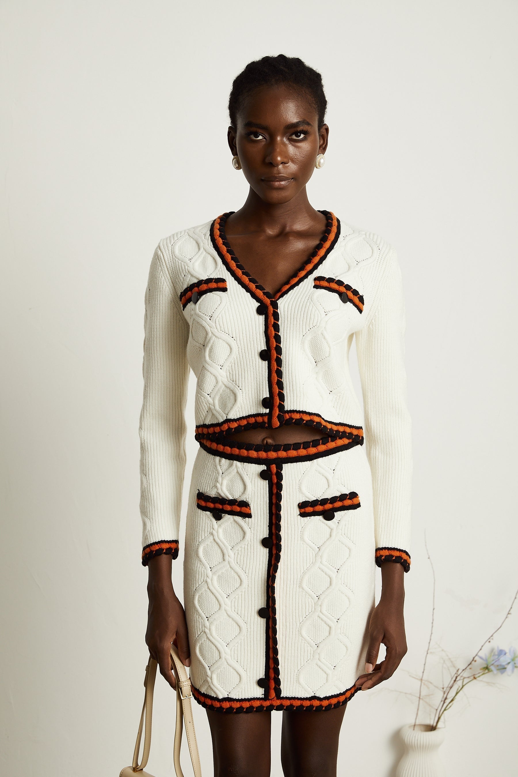 Cécilie contrasttrim knitted cardigan  skirt matching set