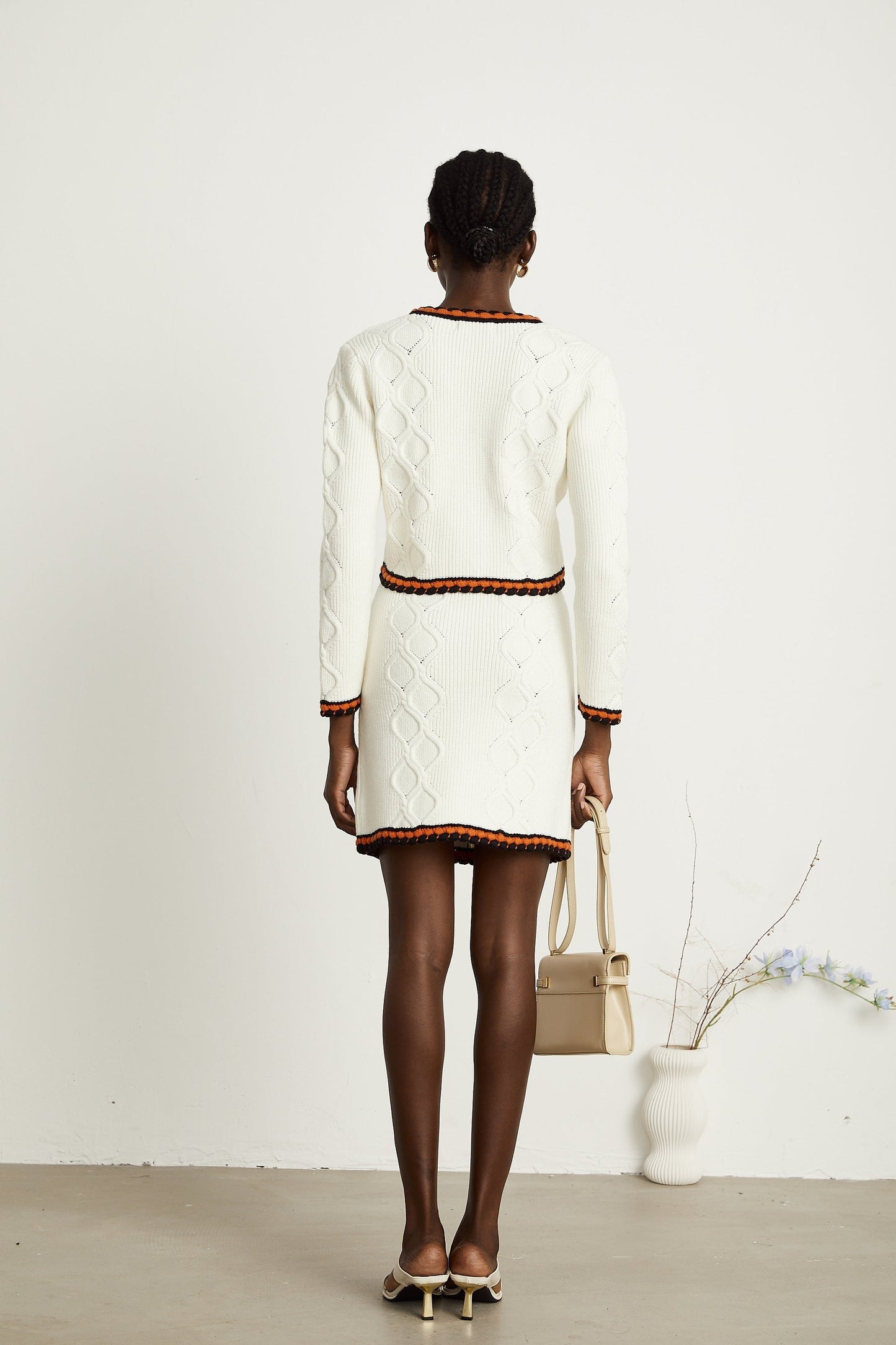 Cécilie contrasttrim knitted cardigan  skirt matching set