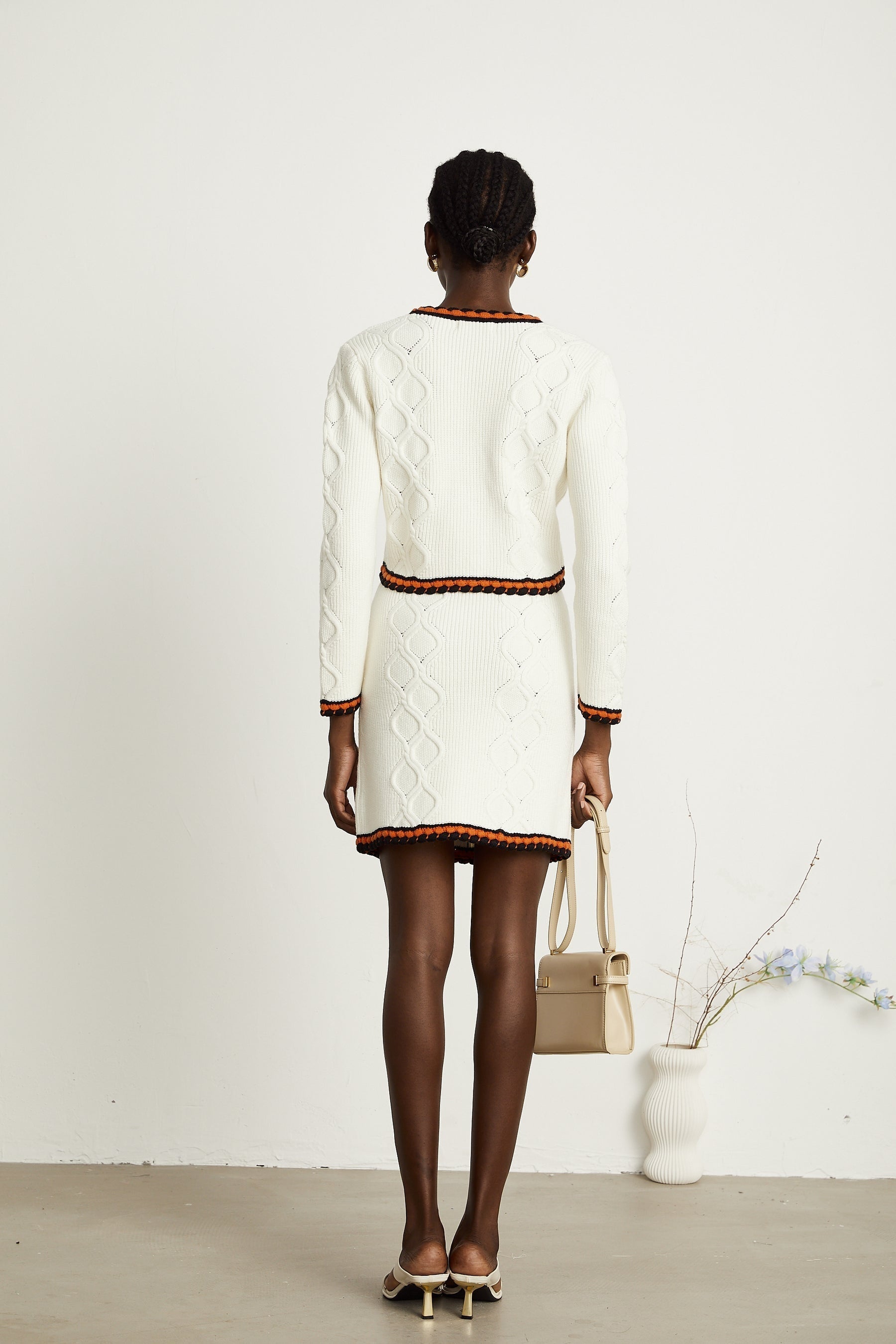 Cécilie contrasttrim knitted cardigan  skirt matching set