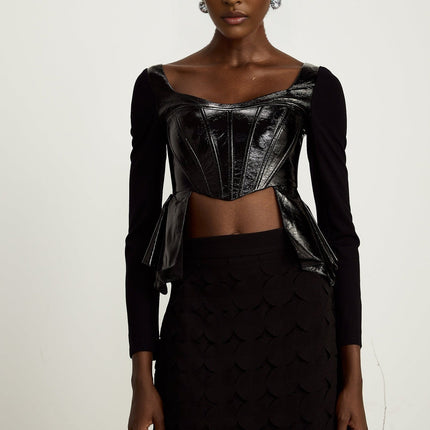 Celeste Black Leather Panel Peplum Top