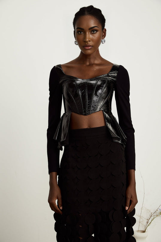 Celeste Black Leather Panel Peplum Top