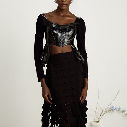 Celeste Black Leather Panel Peplum Top