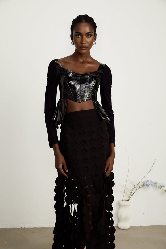 Celeste Black Leather Panel Peplum Top