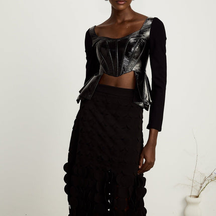 Celeste Black Leather Panel Top with Sweetheart Neckline and Peplum Waist