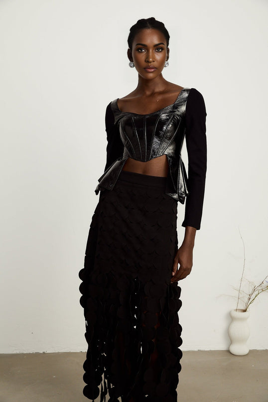 Celeste Black Leather Panel Top with Sweetheart Neckline and Peplum Waist