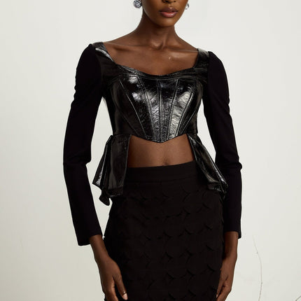 Celeste Black PU Cotton Sweetheart Neckline Top with Open Back and Leather Panels