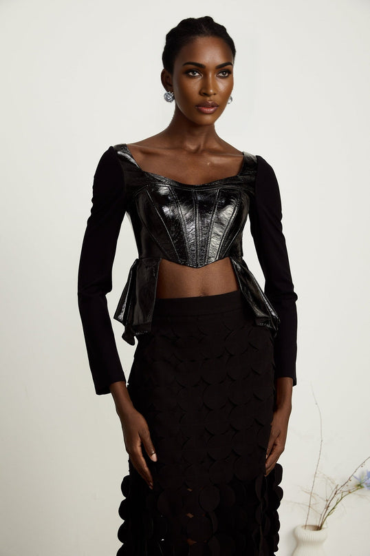 Celeste Black PU Cotton Sweetheart Neckline Top with Open Back and Leather Panels