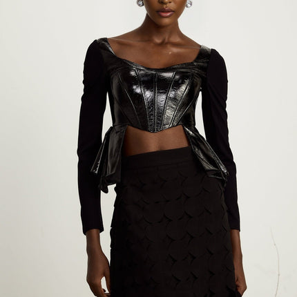 Celeste Black PU Cotton Sweetheart Neckline Top