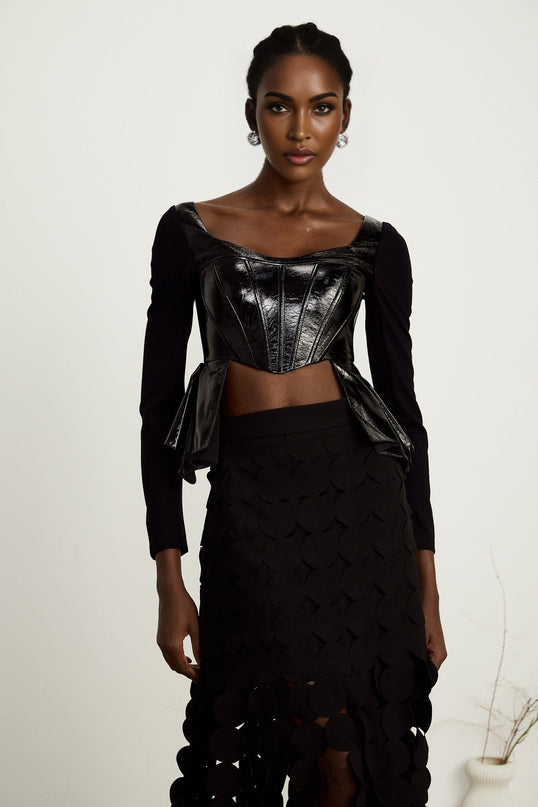 Celeste Black PU Cotton Sweetheart Neckline Top