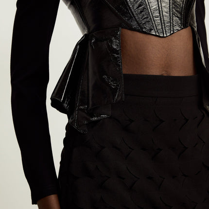 Celeste Black PU and Cotton Sweetheart Neckline Top with Leather Panels and Asymmetric Hem