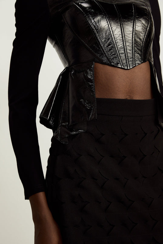 Celeste Black PU and Cotton Sweetheart Neckline Top with Leather Panels and Asymmetric Hem