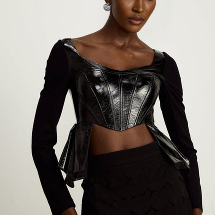 Celeste Black PU and Cotton Top with Sweetheart Neckline and Leather Panels