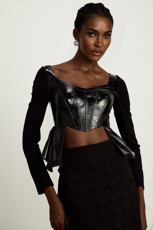 Celeste Black PU and Cotton Top with Sweetheart Neckline and Leather Panels