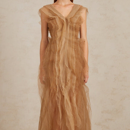 Celeste Brown Layered Tulle Maxi Gown elegant V-neckline cap sleeves rhinestone embellishments fitted waistline rear zip fastening sophisticated evening affairs luxury refinement