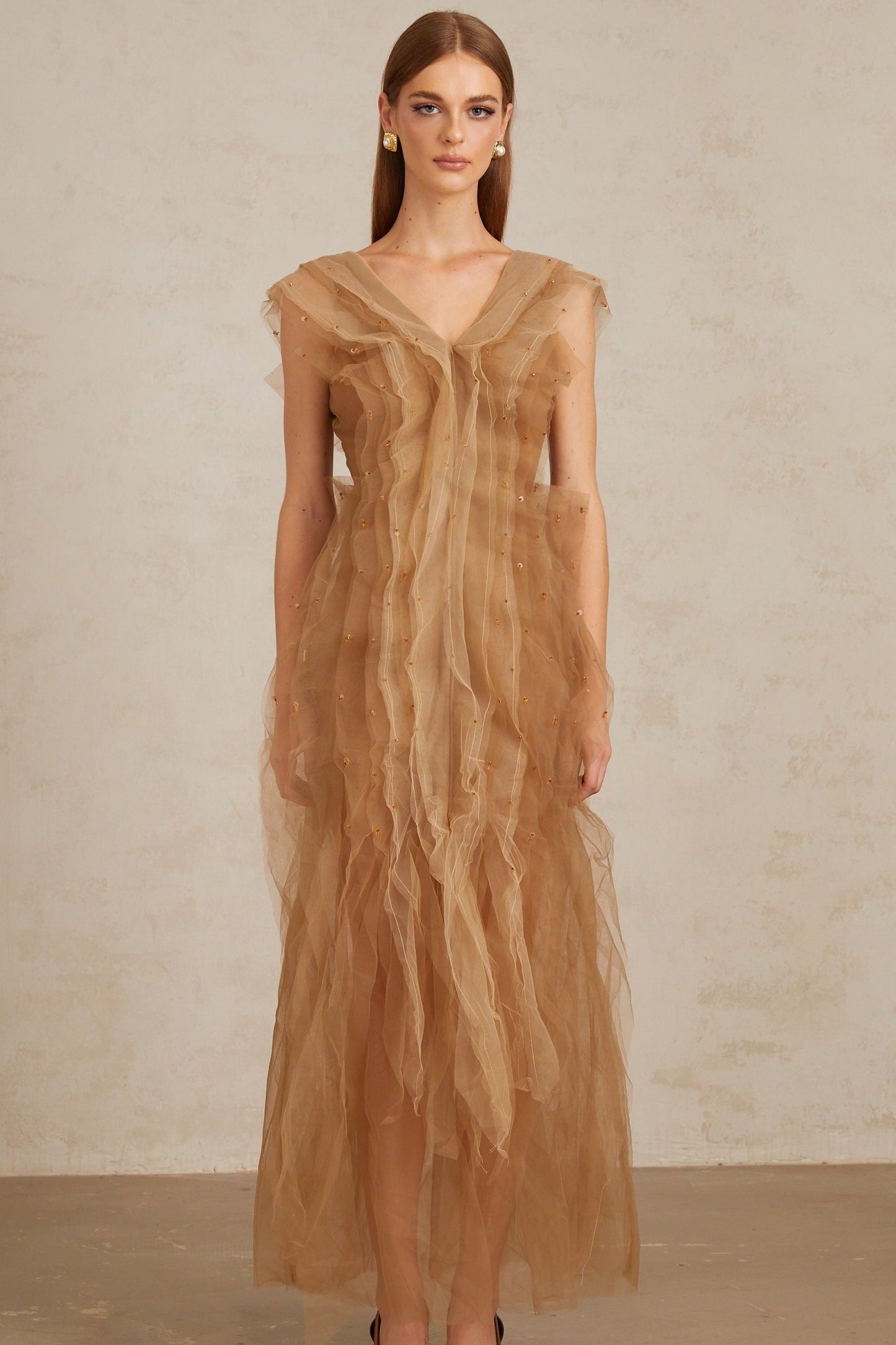 Céleste Brown Layered Tulle Maxi Gown