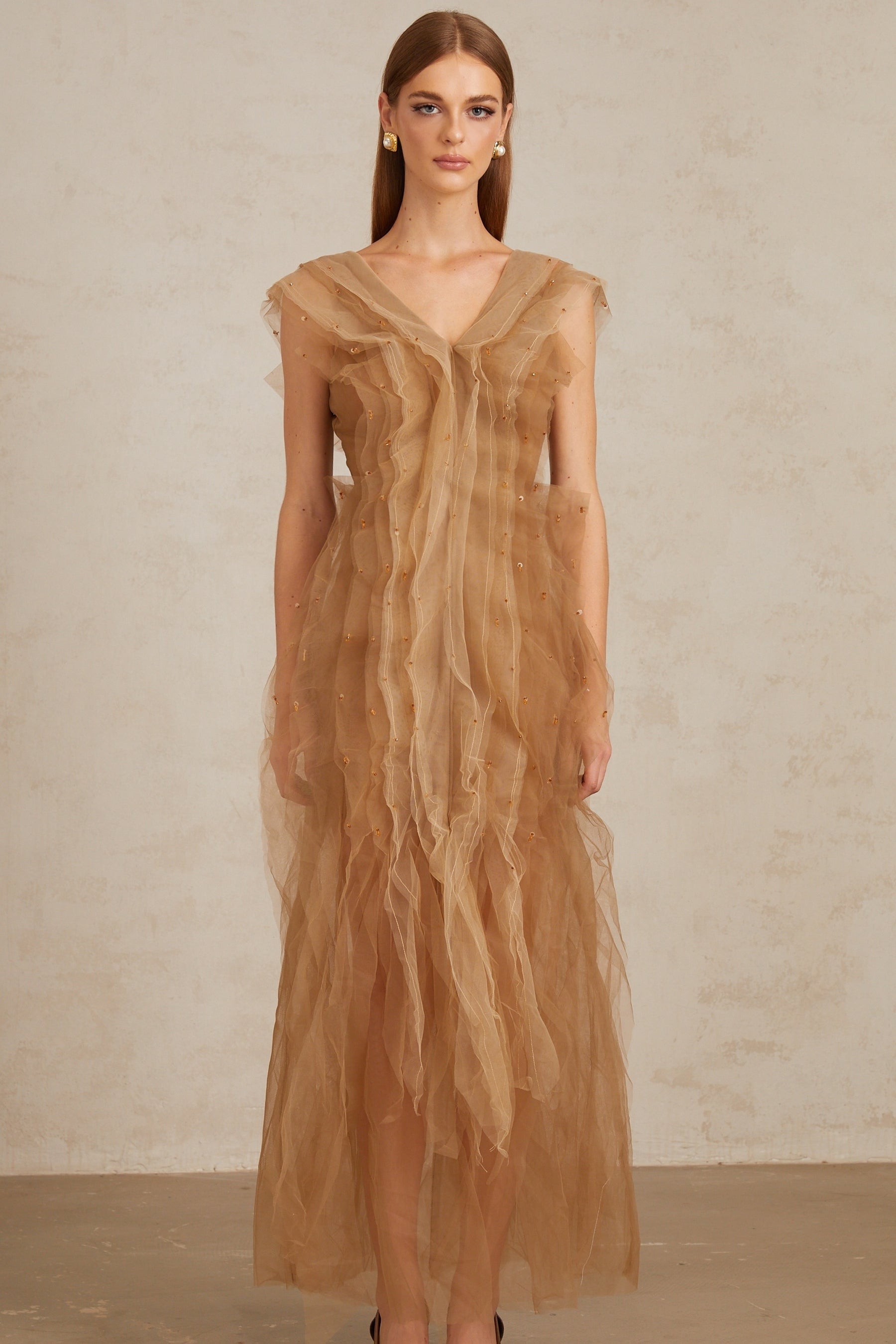 Céleste Brown Layered Tulle Maxi Gown