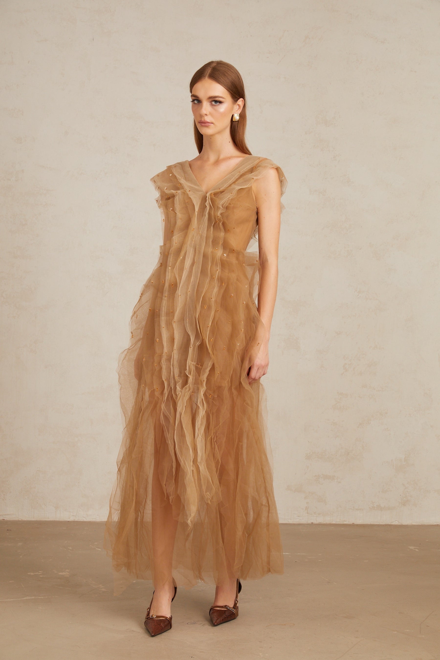 Céleste Brown Layered Tulle Maxi Gown