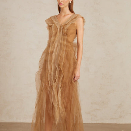 Céleste Brown Layered Tulle Maxi Gown elegant rhinestone embellishments V-neckline cap sleeves fitted waistline rear zip fastening sophisticated evening affairs luxury refinement