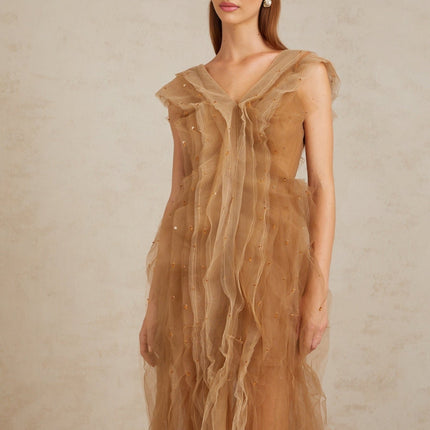 Céleste Brown Layered Tulle Maxi Gown with Rhinestone Embellishments
