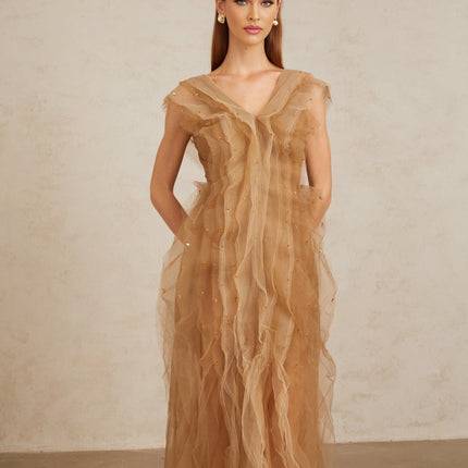 Celeste Brown Layered Tulle Maxi Gown with Rhinestone Embellishments V-neckline Cap Sleeves Fitted Waistline Rear Zip Fastening