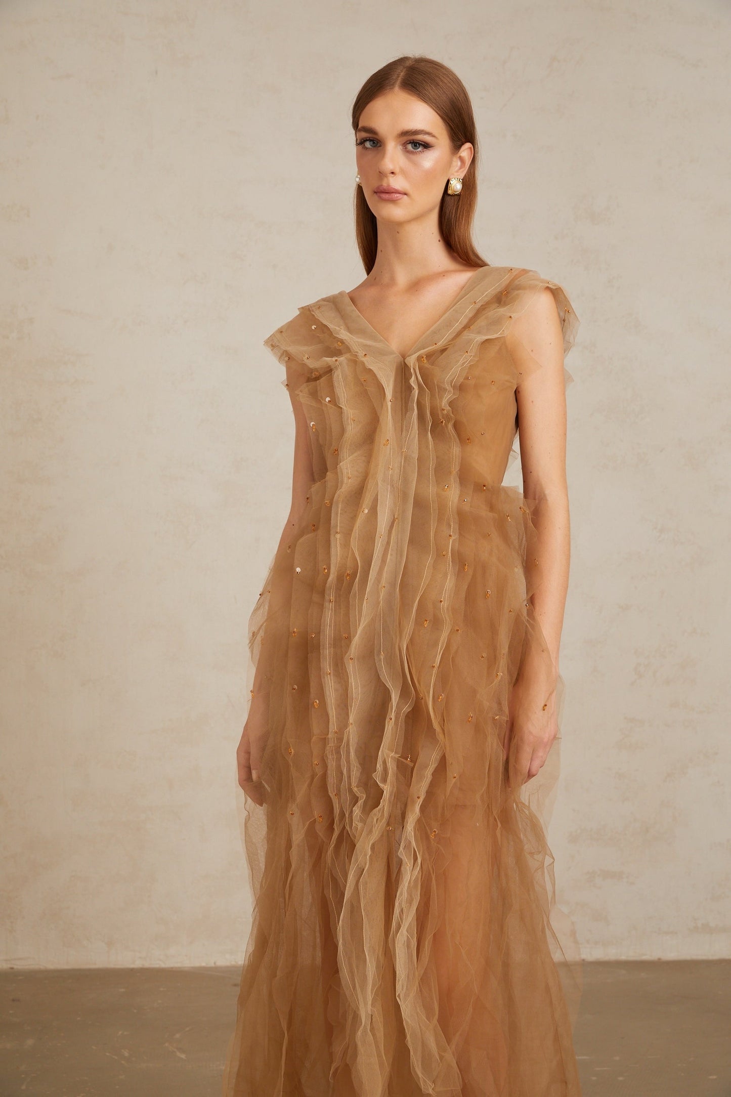 Céleste Brown Layered Tulle Maxi Gown