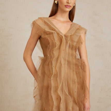 Céleste Brown Layered Tulle Maxi Gown with Rhinestone Embellishments V-neckline Cap Sleeves Fitted Waistline Rear Zip Fastening Elegant Sophisticated Evening Wear Luxury Refinement