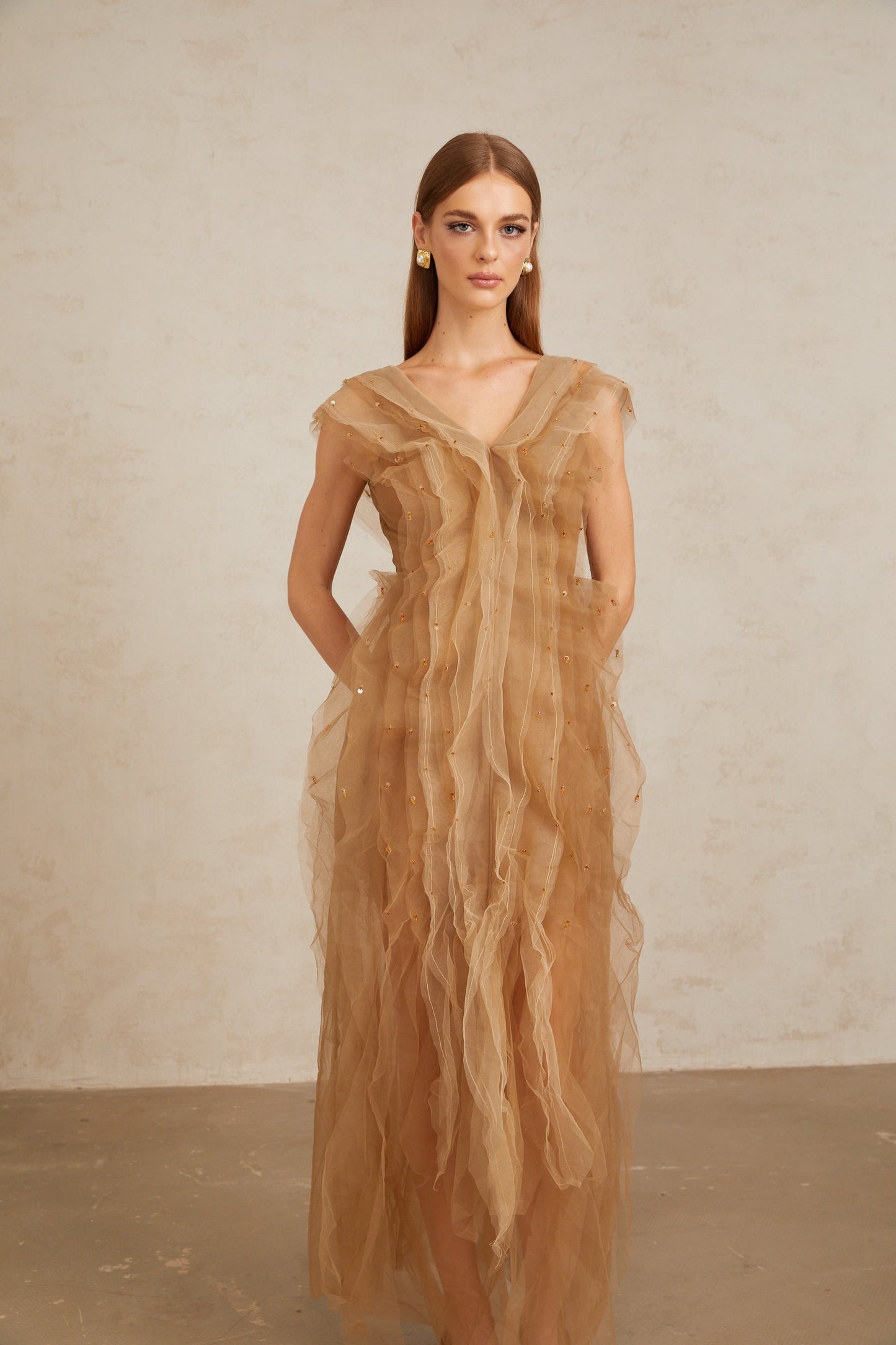 Céleste Brown Layered Tulle Maxi Gown