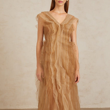 Céleste Brown Layered Tulle Maxi Gown elegant V-neckline cap sleeves rhinestone embellishments fitted waistline rear zip fastening sophisticated evening affairs luxury refinement