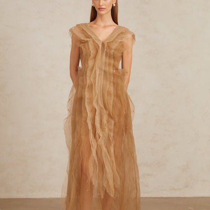 Céleste Brown Layered Tulle Maxi Gown elegant rhinestone embellishments V-neckline cap sleeves fitted waistline rear zip fastening sophisticated evening affairs luxury refinement