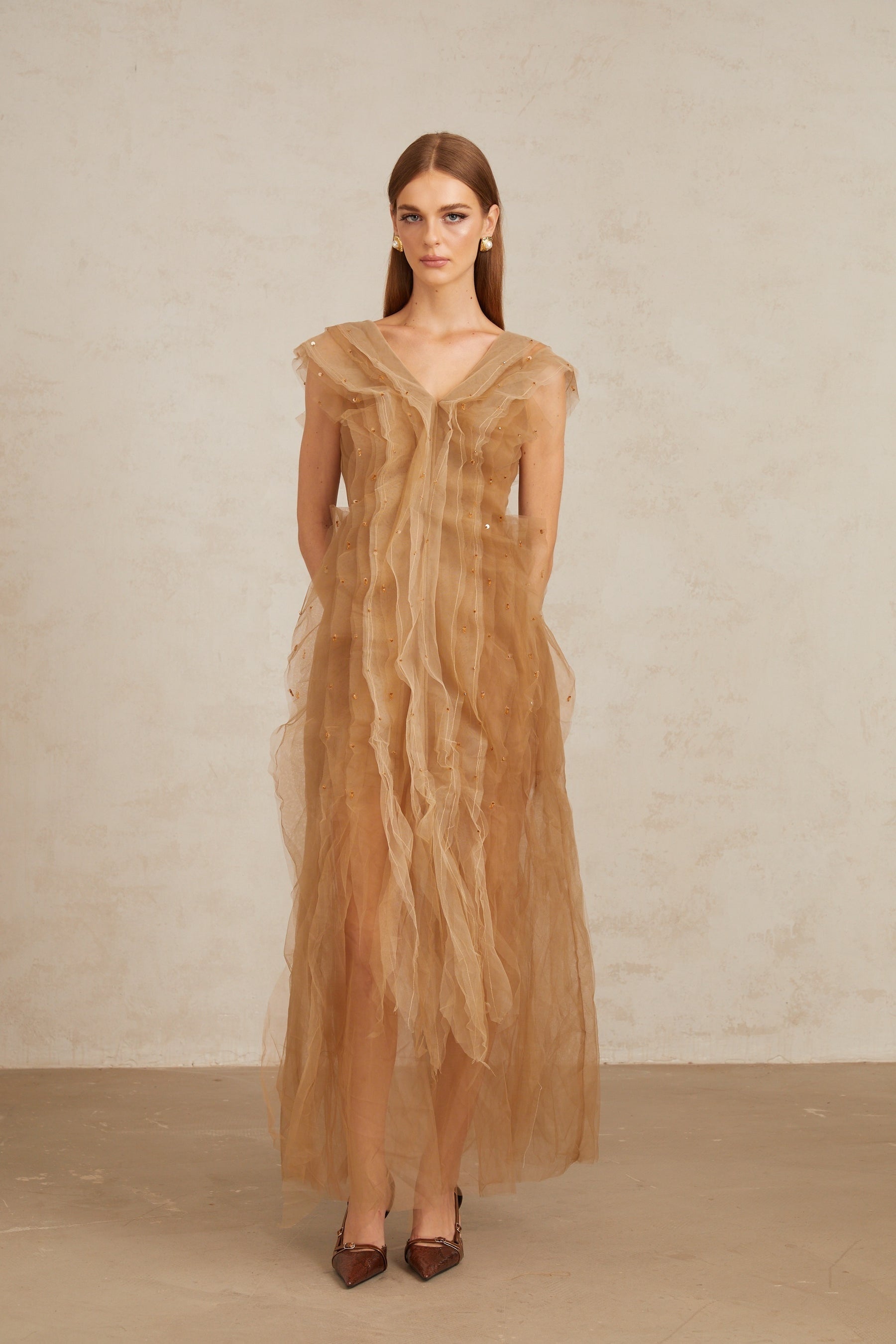 Céleste Brown Layered Tulle Maxi Gown