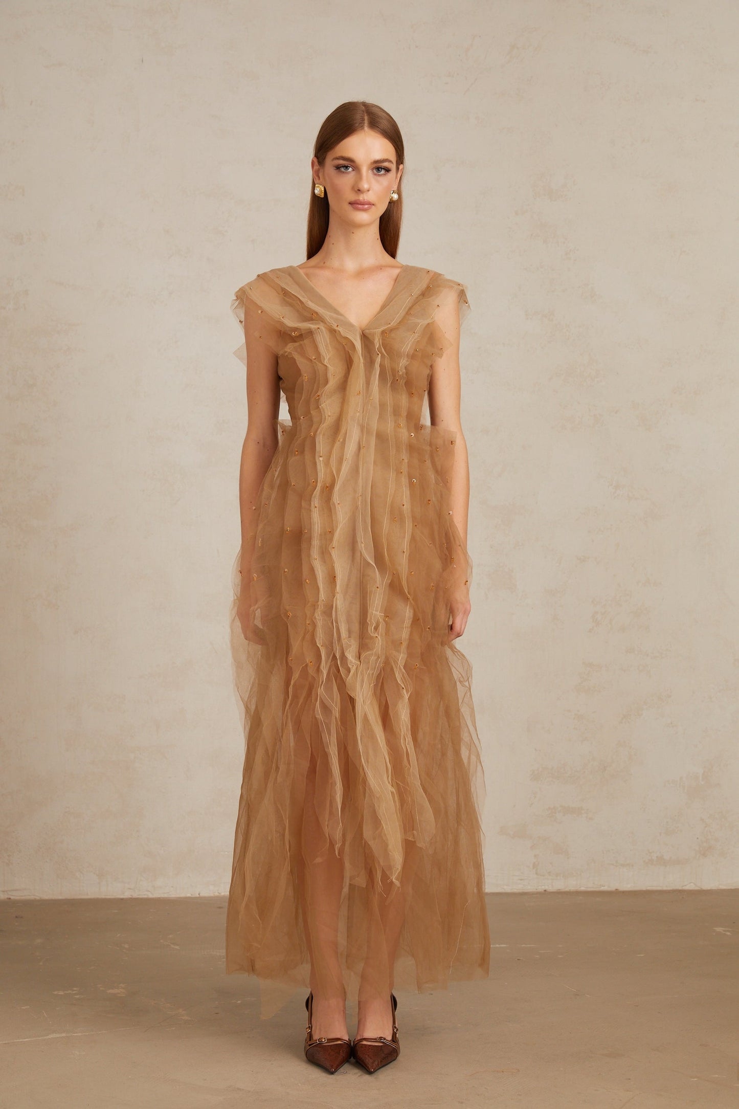 Céleste Brown Layered Tulle Maxi Gown