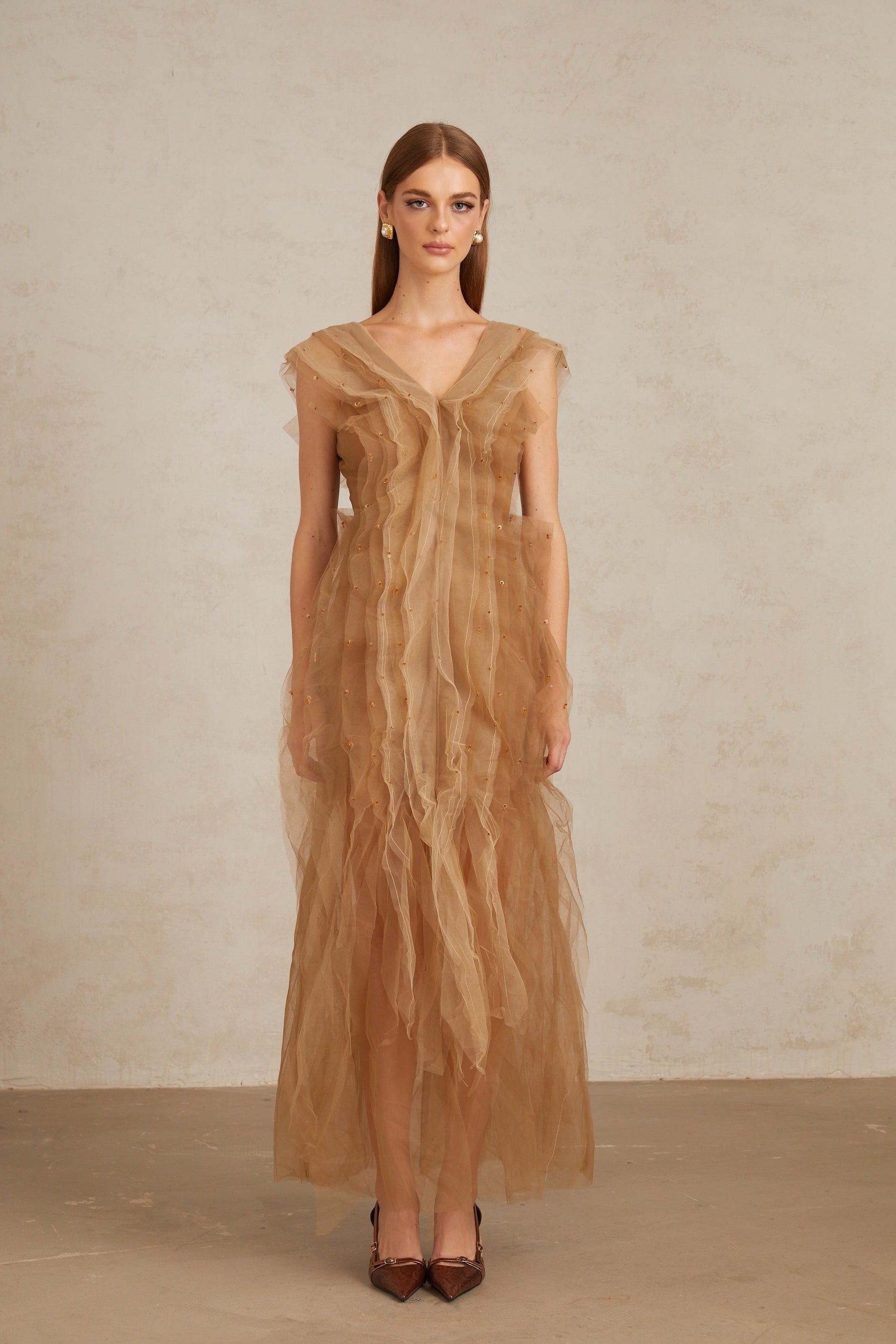 Céleste Brown Layered Tulle Maxi Gown