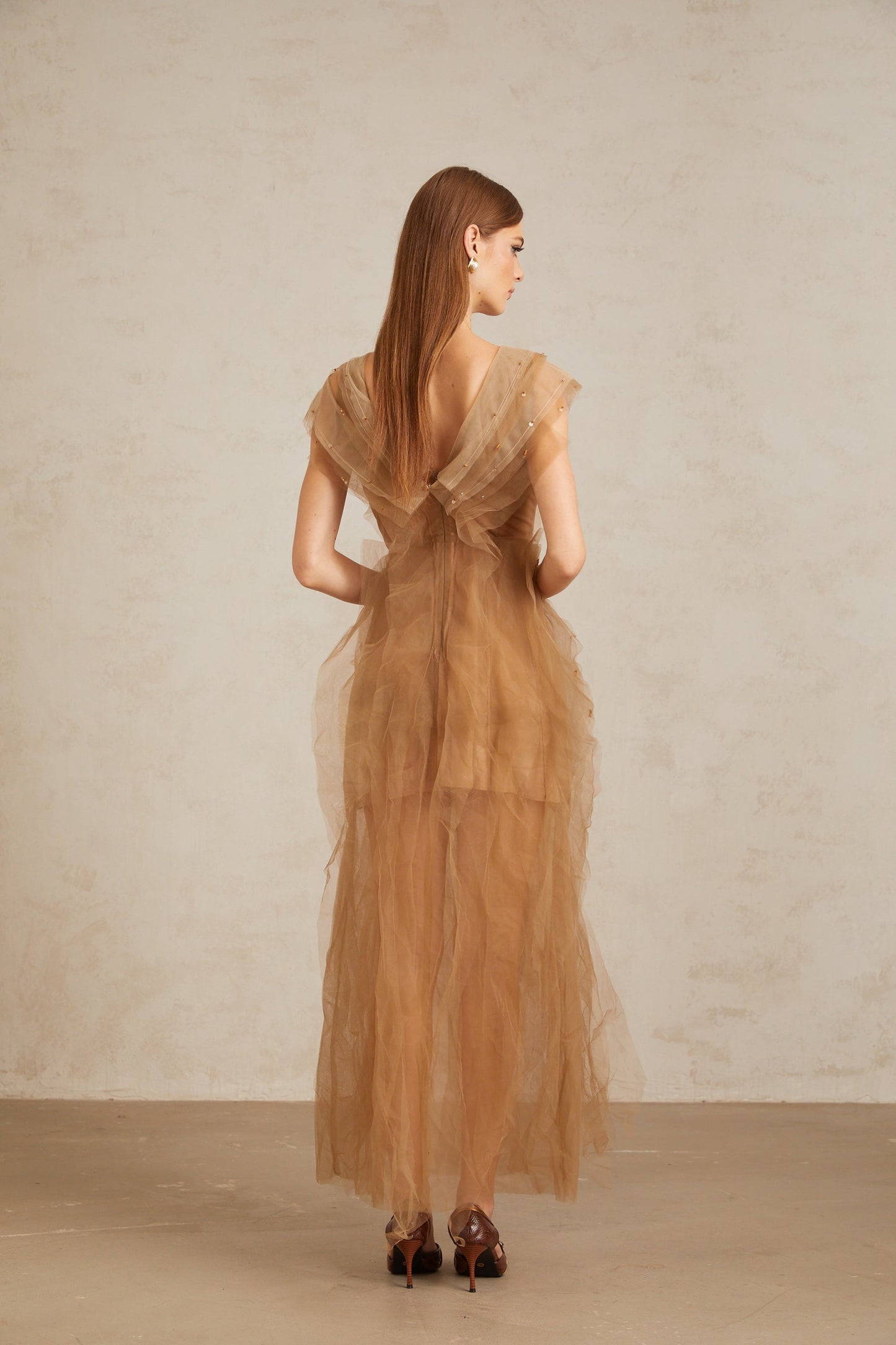 Céleste Brown Layered Tulle Maxi Gown
