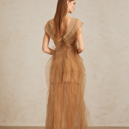 Céleste Brown Layered Tulle Maxi Gown with Rhinestone Embellishments
