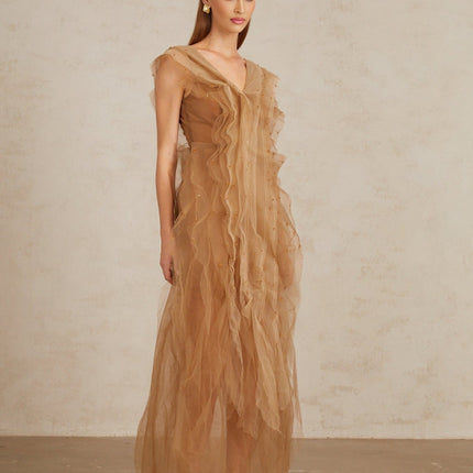 Céleste Brown Layered Tulle Maxi Gown elegant rhinestone embellishments V-neckline cap sleeves fitted waistline rear zip fastening sophisticated evening affairs luxury refinement