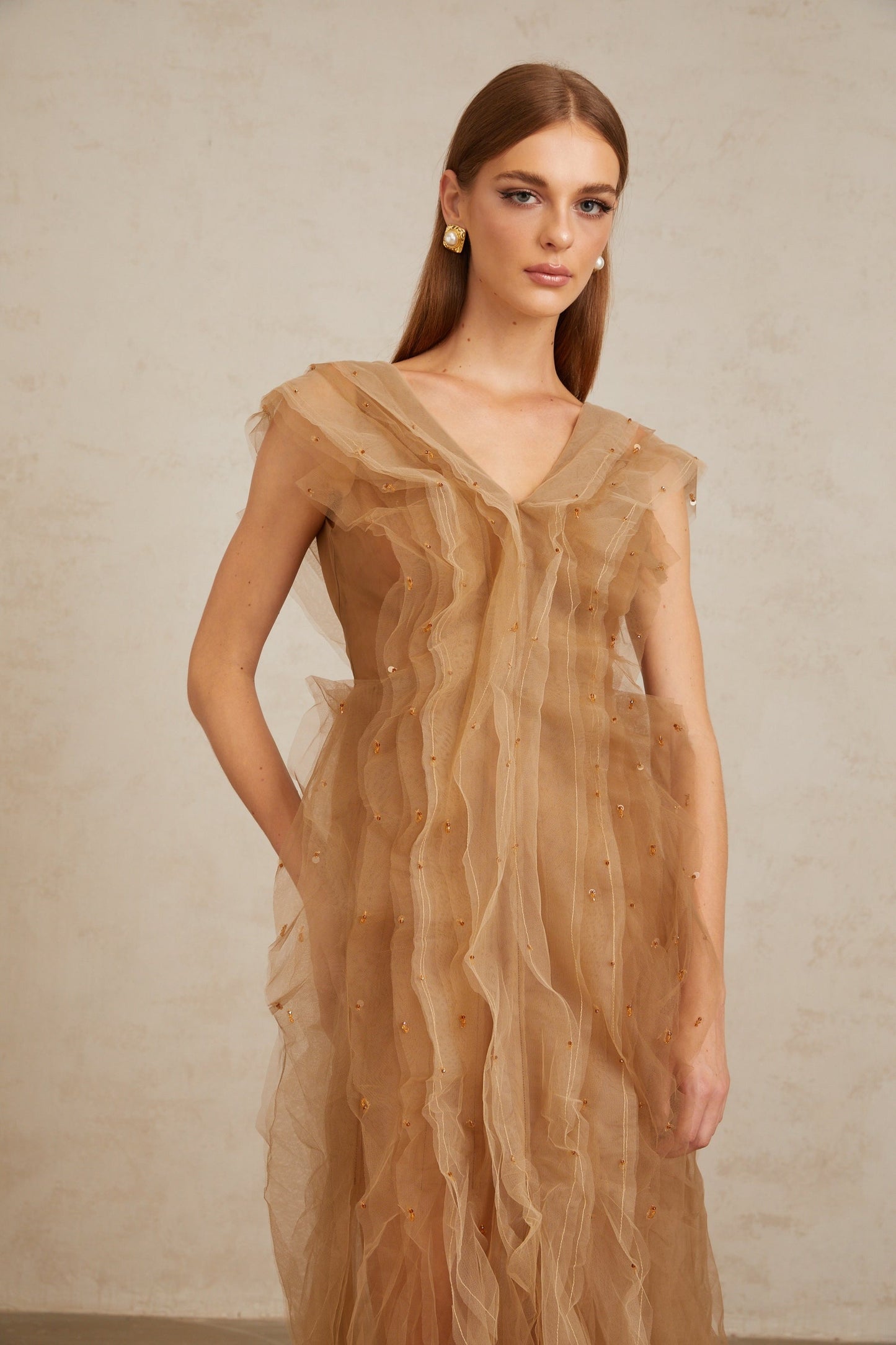 Céleste Brown Layered Tulle Maxi Gown