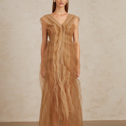 Celeste Brown Layered Tulle Maxi Gown elegant V-neckline cap sleeves rhinestone embellishments fitted waistline rear zip fastening sophisticated evening affairs luxury refinement