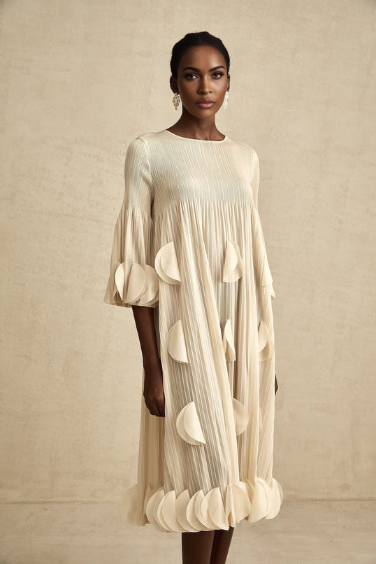 Celeste Champagne 3d Petal Aline Cut In Midi Dress