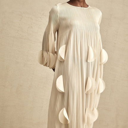 Celeste Champagne 3d Petal Aline Cut In Midi Dress in refined sophistication