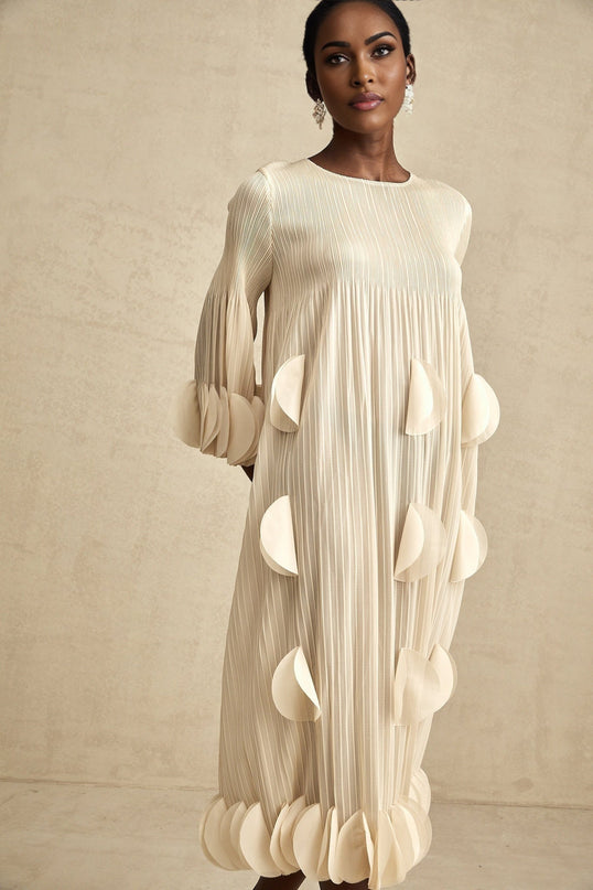 Celeste Champagne 3d Petal Aline Cut In Midi Dress in refined sophistication