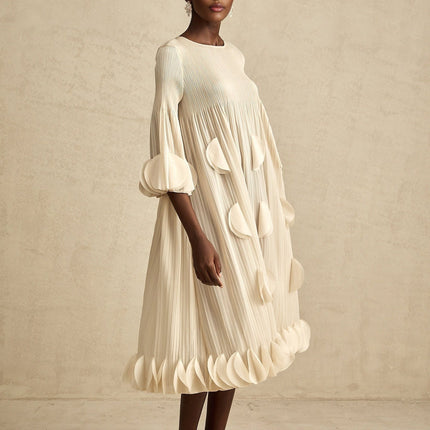 Celeste Champagne 3D Petal Aline Cut In Midi Dress in Champagne