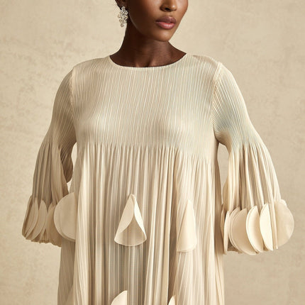 Celeste Champagne 3D Petal Aline Cut In Midi Dress in refined sophistication