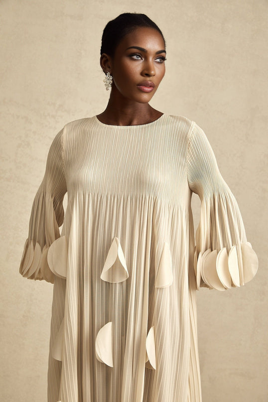 Celeste Champagne 3D Petal Aline Cut In Midi Dress in refined sophistication