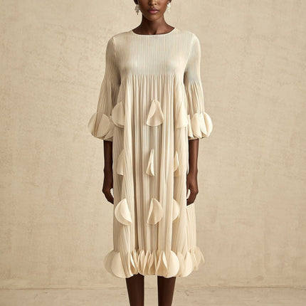 Celeste Champagne 3d Petal Aline Cut In Midi Dress