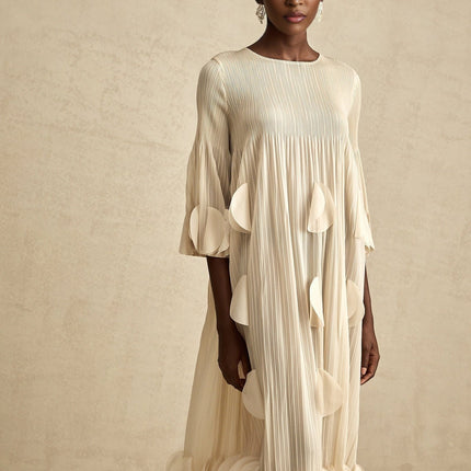Celeste Champagne 3d Petal Aline Cut In Midi Dress