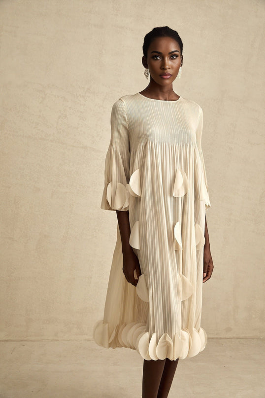 Celeste Champagne 3d Petal Aline Cut In Midi Dress