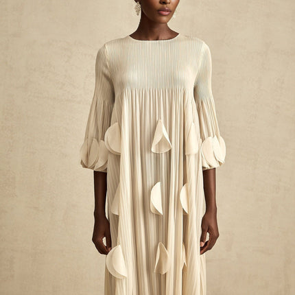 Celeste Champagne 3d Petal Aline Cut In Midi Dress