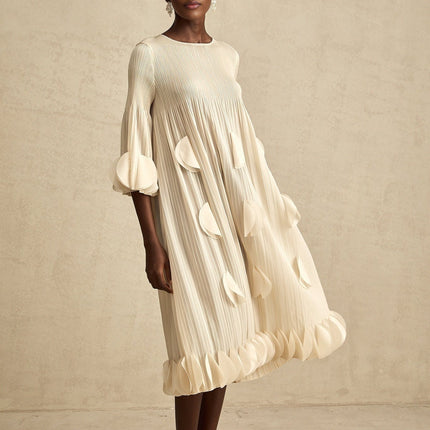 Celeste Champagne 3d Petal Aline Cut In Midi Dress