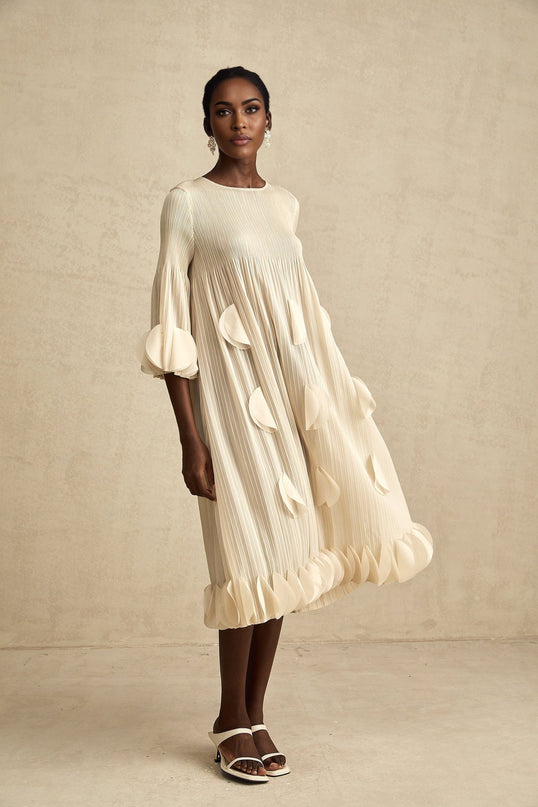 Celeste Champagne 3d Petal Aline Cut In Midi Dress
